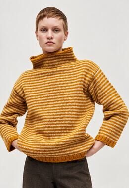 Babaa Jumper No6 Ochre Striped Wool Turtleneck Sweater One Size